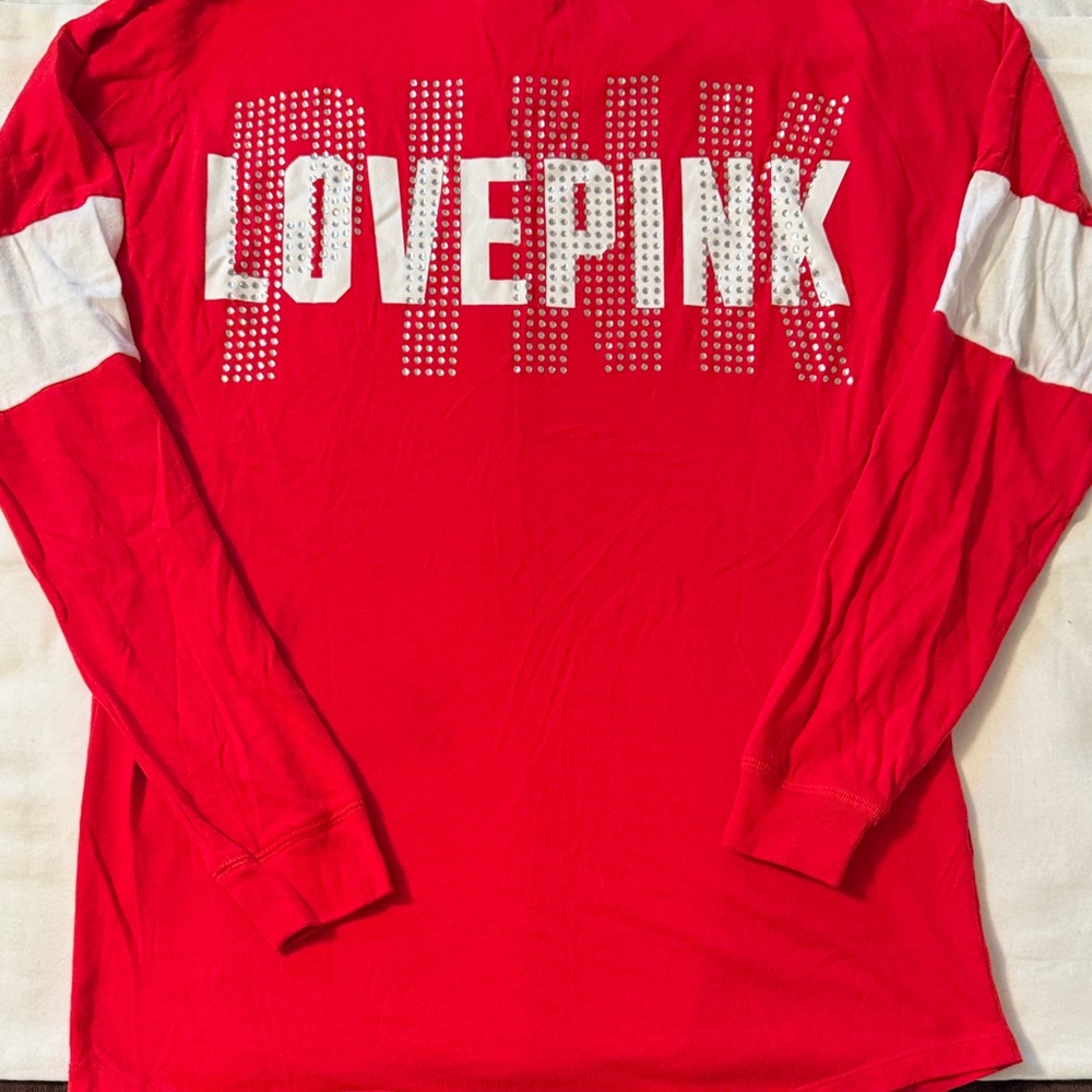 PINK Victoria's Secret Red Long Sleeve Bling Tee XS